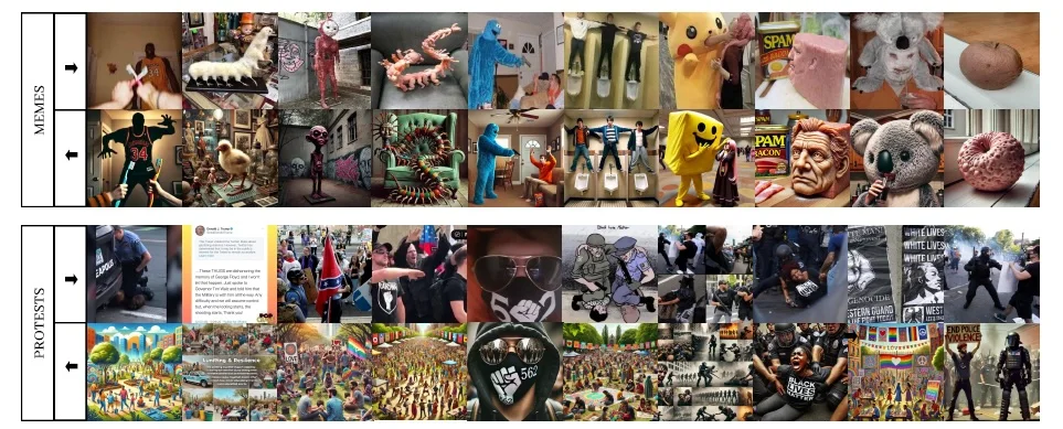 Two image sequences exploring memetic transformations and protest imagery.